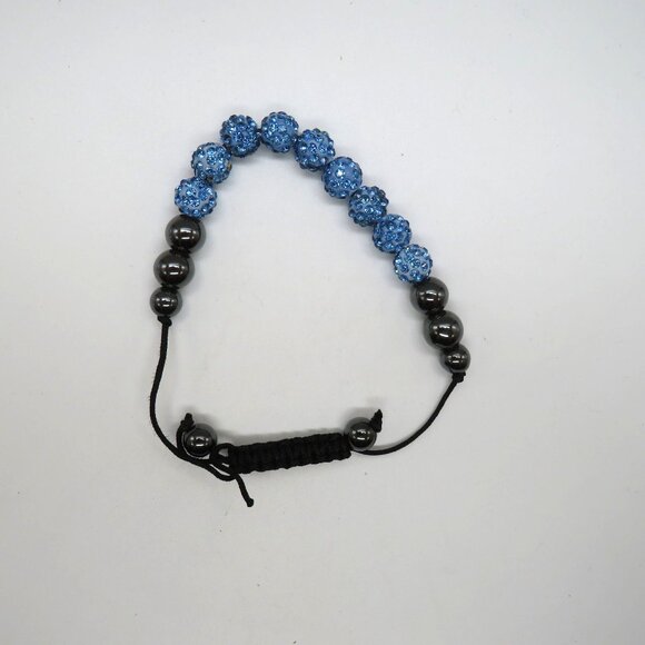 Beaded Bracelet Blue Rhinestone Encrusted Black Beads Adjustable Slide - Picture 5 of 7